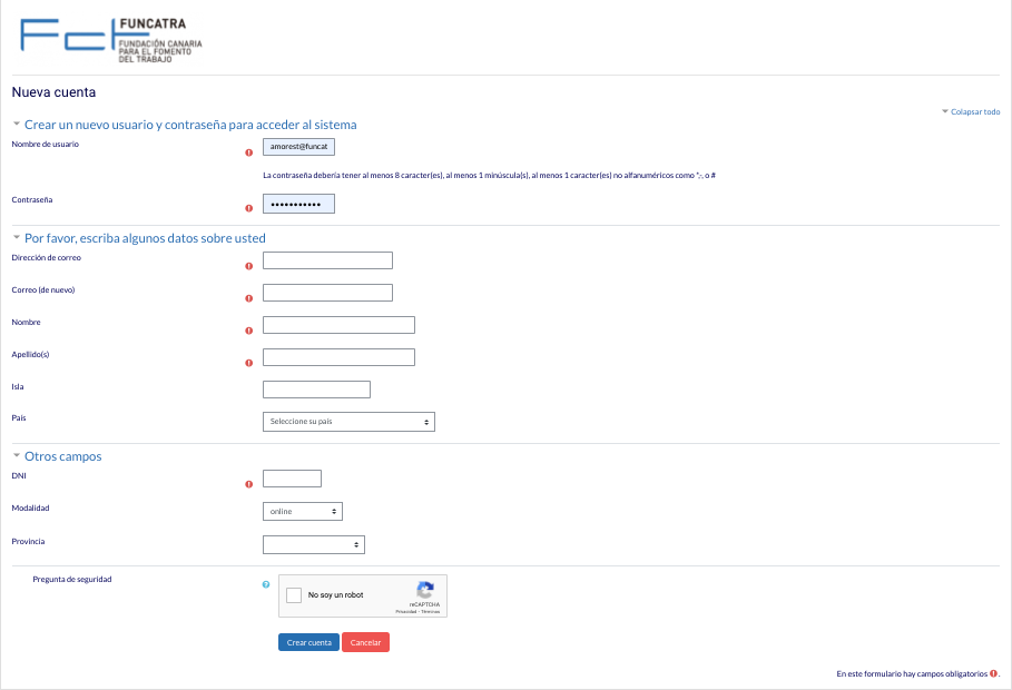 Aspecto del formulario de inscripción en la plataforma FUNCATRA